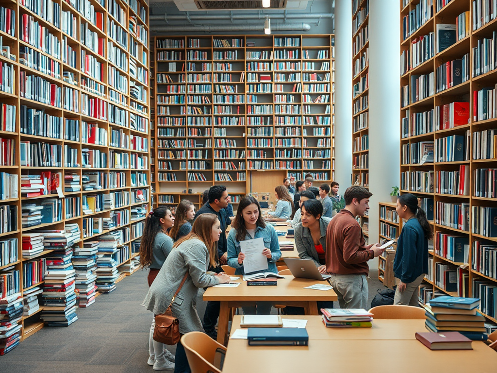 Студенты обсуждают проекты в библиотеке, окружённые полками с книгами. Совместная работа и учеба.