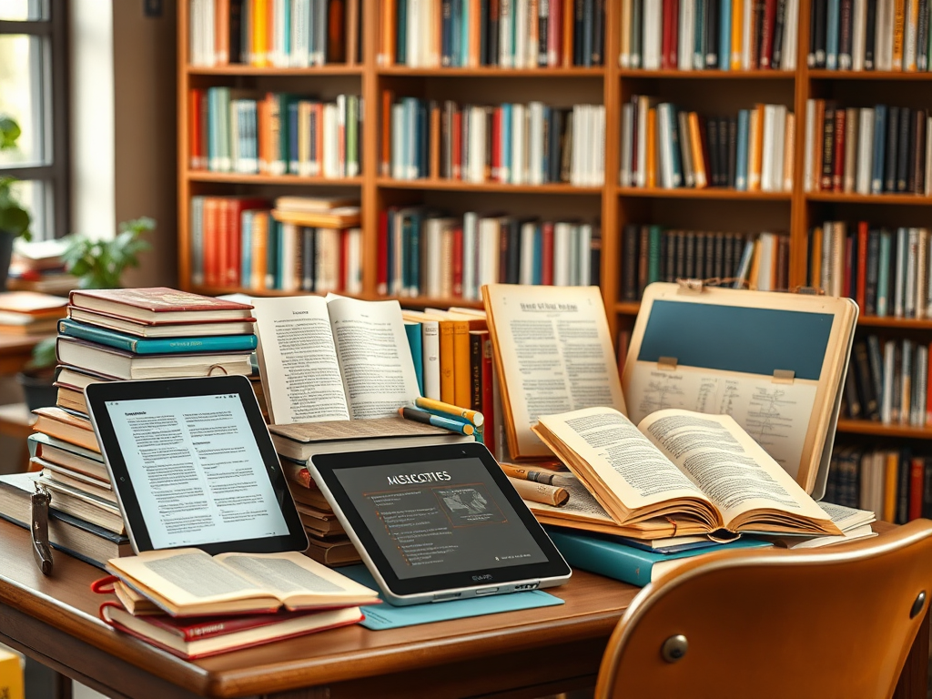 Стол с книгами и электронными устройствами, окруженный библиотечными полками с книгами.