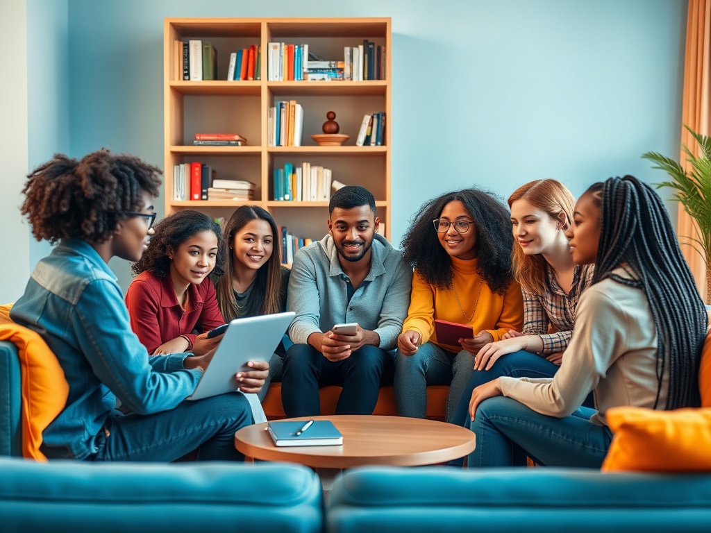 Группа молодых людей общается и использует устройства в уютной комнате с книгами на полках.