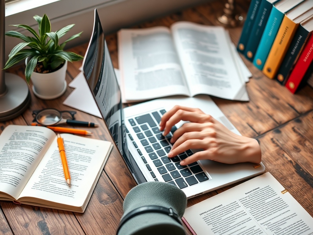 Стол с ноутбуком, книгами, растением и канцелярскими принадлежностями, создающий уютную атмосферу работы.