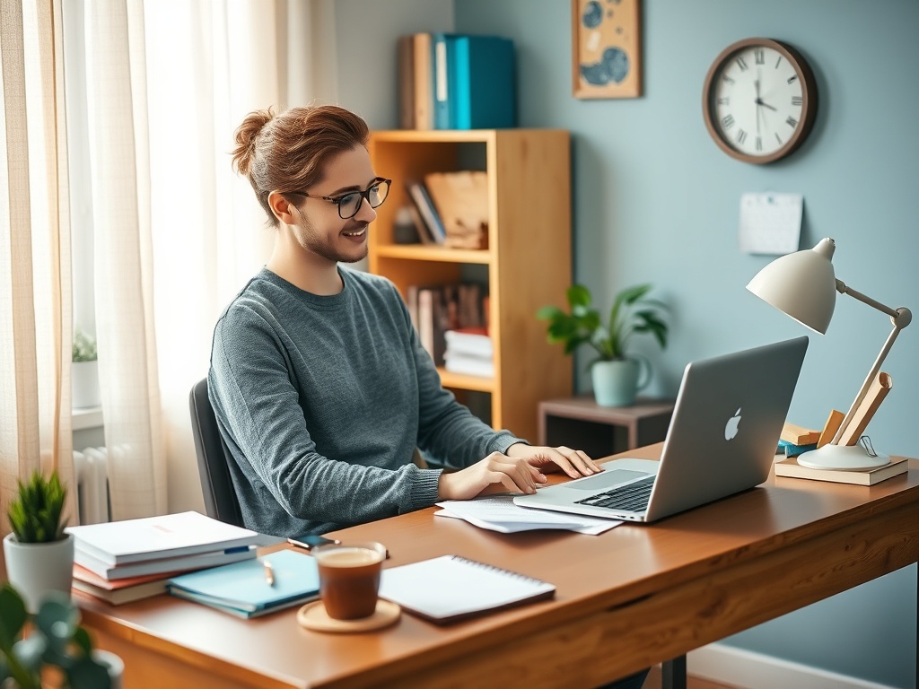 Молодой человек работает за столом за ноутбуком, окружённый офисными принадлежностями и растениями.