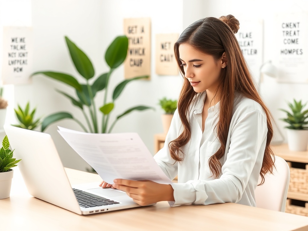 Девушка читает документы за столом с ноутбуком, окруженная растениями в уютном офисе.