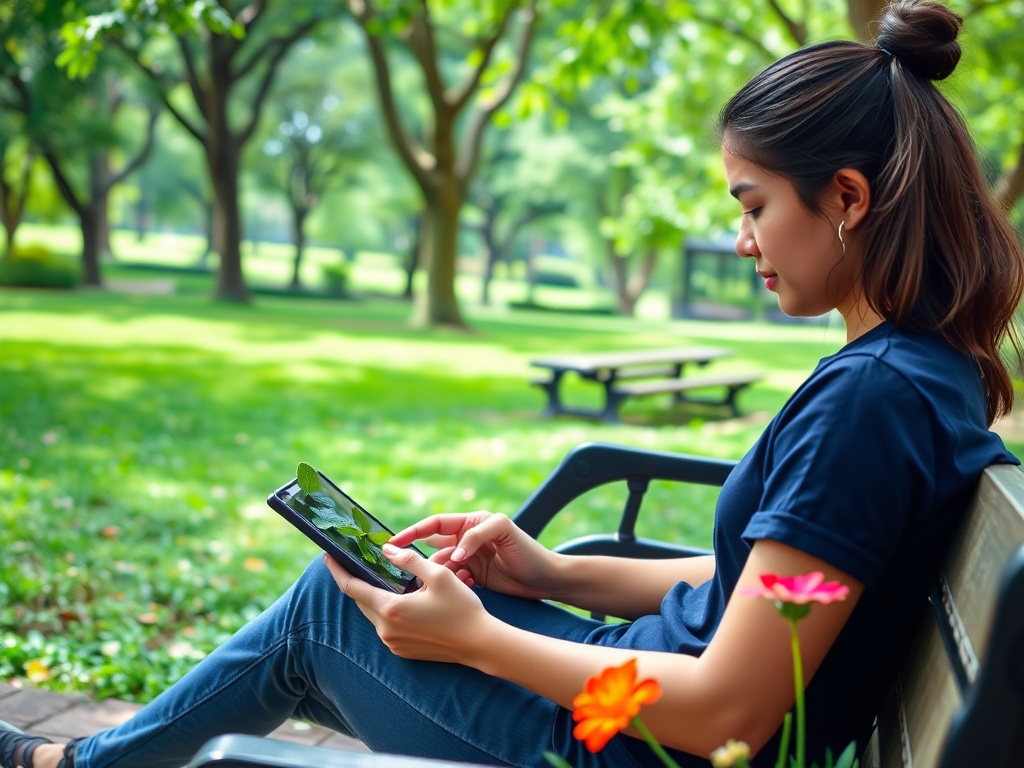 Молодая женщина сидит на скамейке в парке, смотрит на планшет и наслаждается природой вокруг.