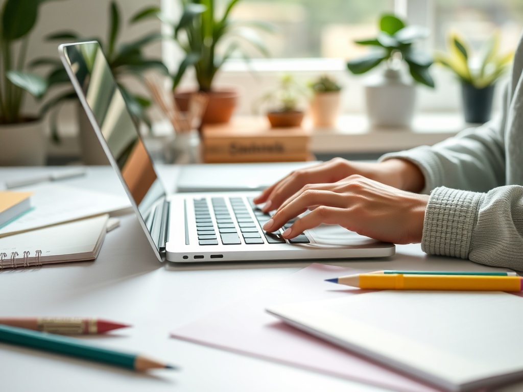 Человек за ноутбуком, пишущий на клавиатуре. На столе цветные карандаши и блокноты. Зеленые растения на фоне.