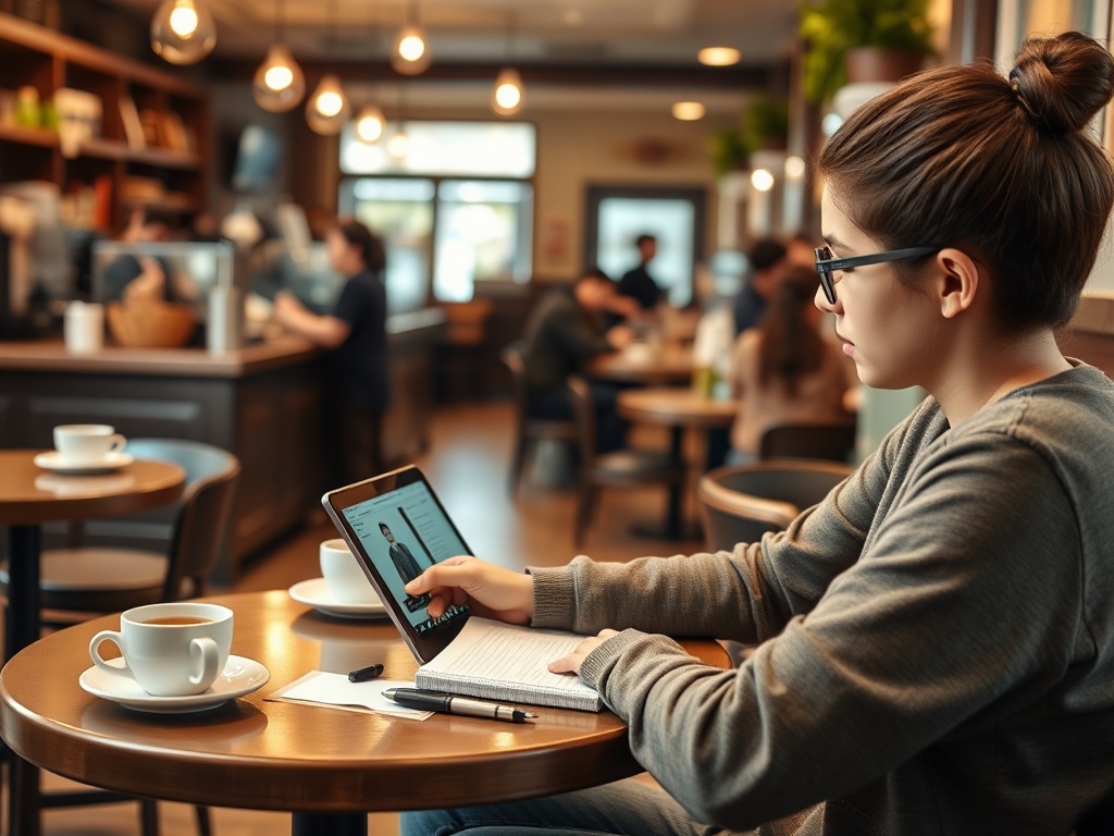 Молодая женщина с планшетом в кафе, рядом чашка кофе и блокнот. В фоновом режиме люди общаются.