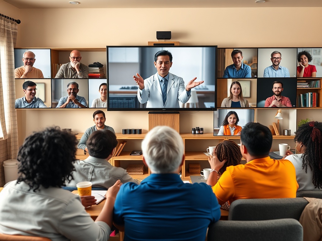 Группа людей участвует в видеоконференции, слушая лекцию человека на экране.