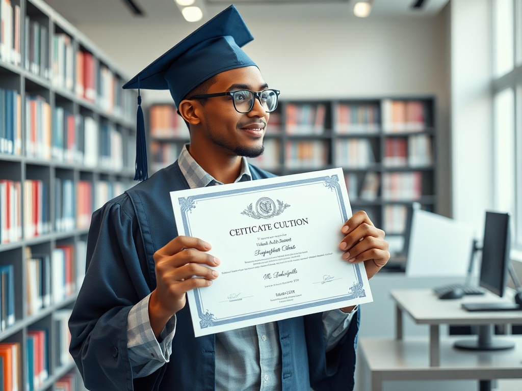 Молодой человек в академической одежде держит диплом в библиотеке и улыбается. Позади него книги на полках.