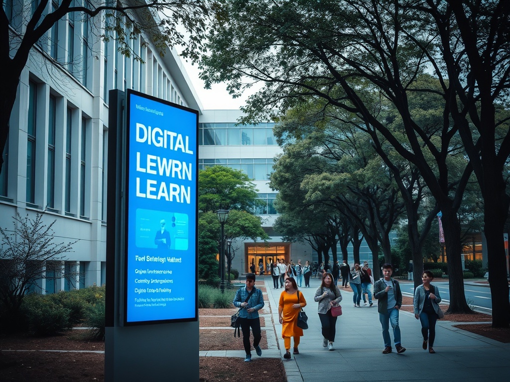 На изображении представлено здание с рекламным щитом, на котором написано "DIGITAL LEARN". Люди прогуливаются мимо.