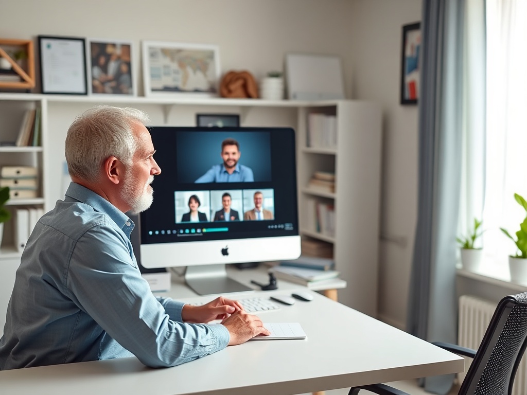 На изображении мужчина с седеющими волосами, работающий за компьютером во время видеозвонка.