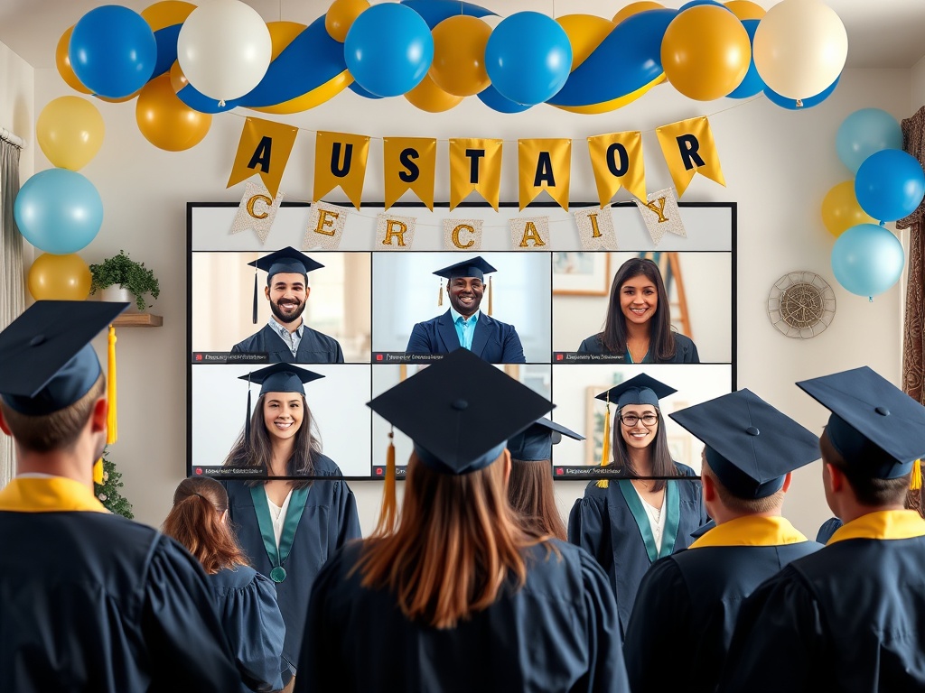 Выпускной церемонии: студенты в мантиях смотрят на экраны с изображениями своих однокурсников.