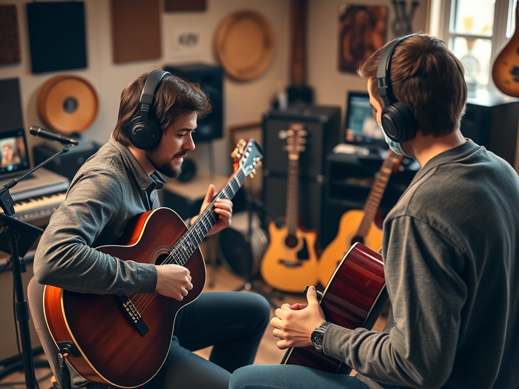 На изображении двое музыкантов играют на гитарах в студии. Атмосфера дружеская и креативная.