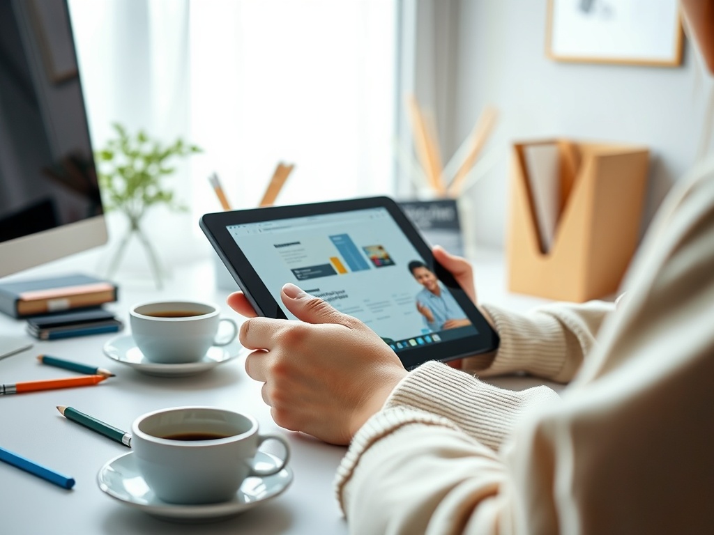 Человек держит планшет, на столе две чашки кофе и канцелярские принадлежности, светлый и уютный интерьер.