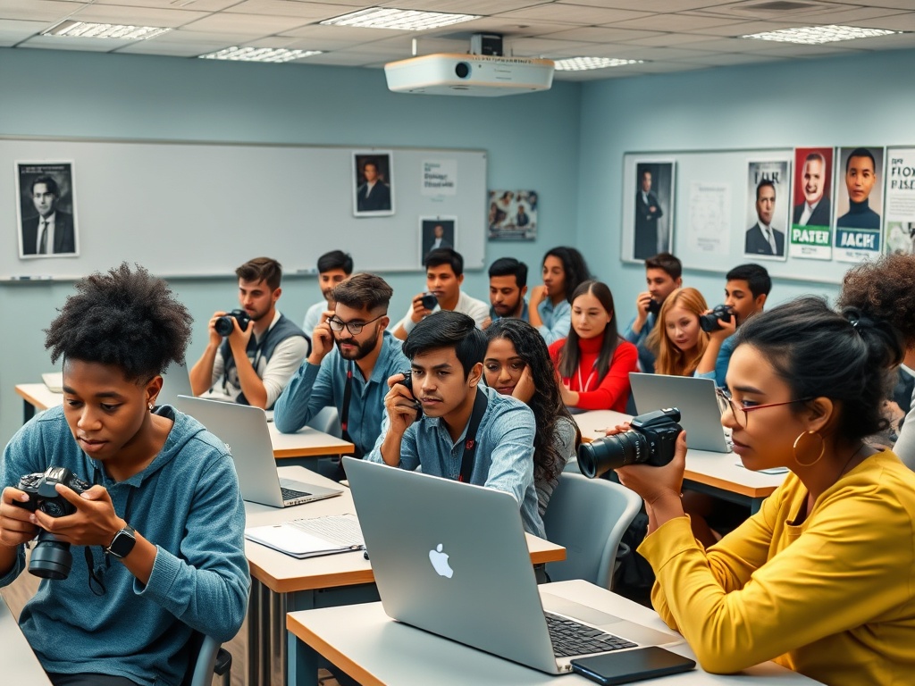 В классе студенты с камерами обсуждают фотографию и работают за ноутбуками. Атмосфера обучения и творчества.
