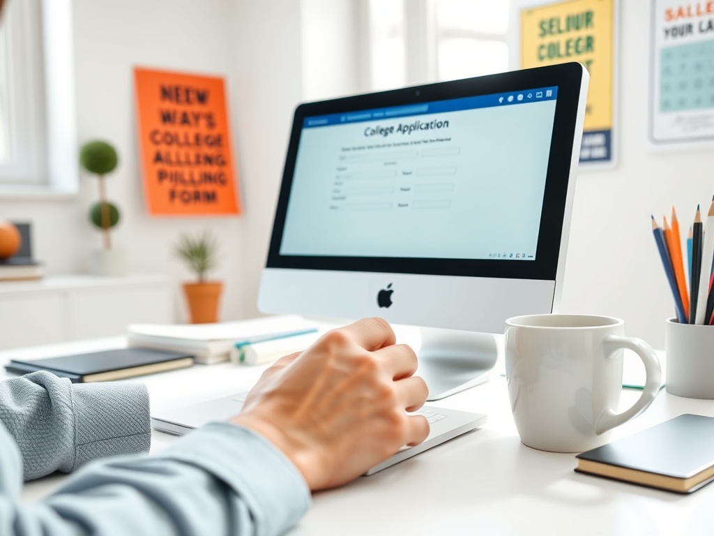 На изображении молодой человек заполняет анкету колледжа на компьютере, на столе чашка и канцелярские принадлежности.