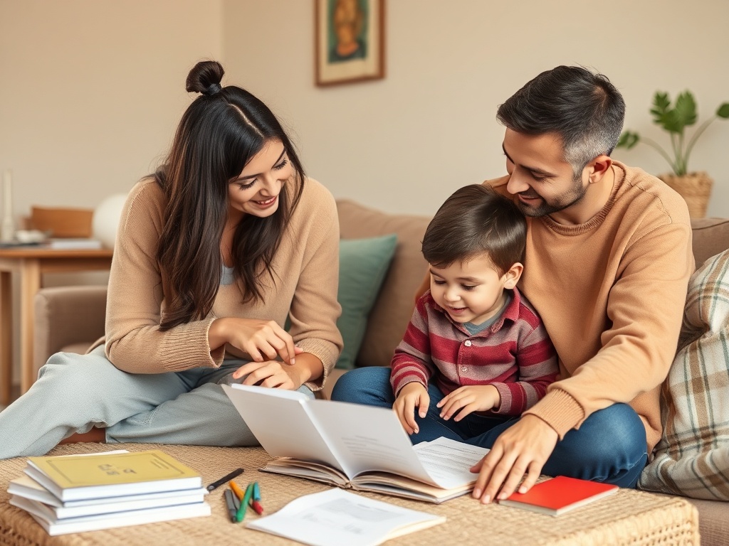 Счастливая семья читает книги на диване. Ребёнок смеётся, родители участвуют в обучении.