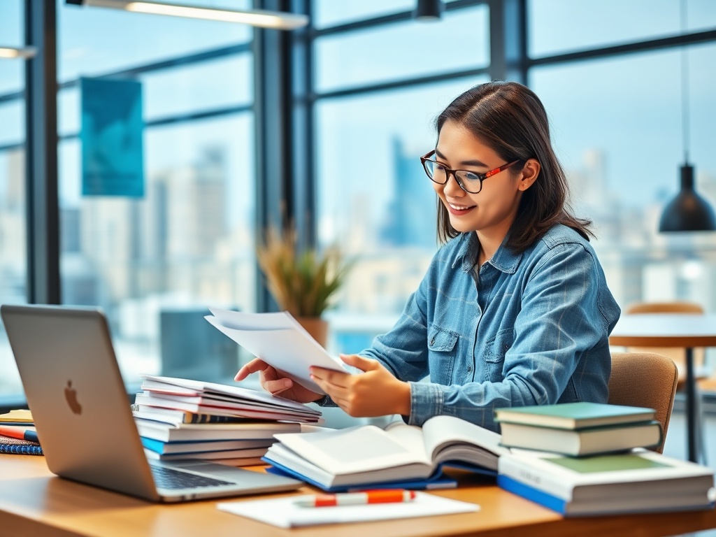 Молодая женщина с очками сидит за столом, просматривая документы среди книг в светлом офисе.