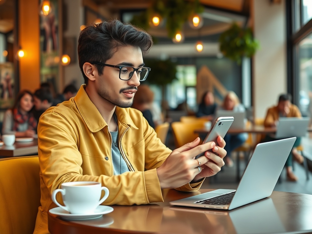 Молодой человек в кафе сидит за столом с телефоном и ноутбуком,喝着 кофе и работает.