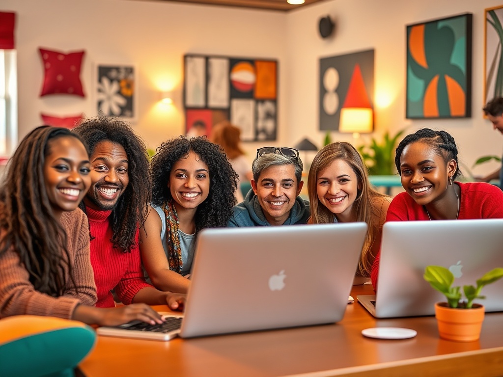 Группа молодых людей с улыбками, работающих за ноутбуками в уютном кафе. Дружелюбная атмосфера.