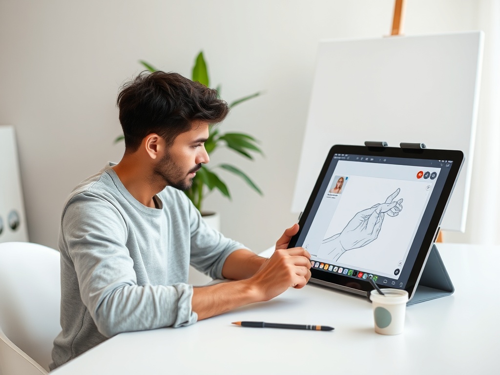 Молодой человек рисует на планшете, изучая детали изображения руки на экране. В комнате зелёные растения.