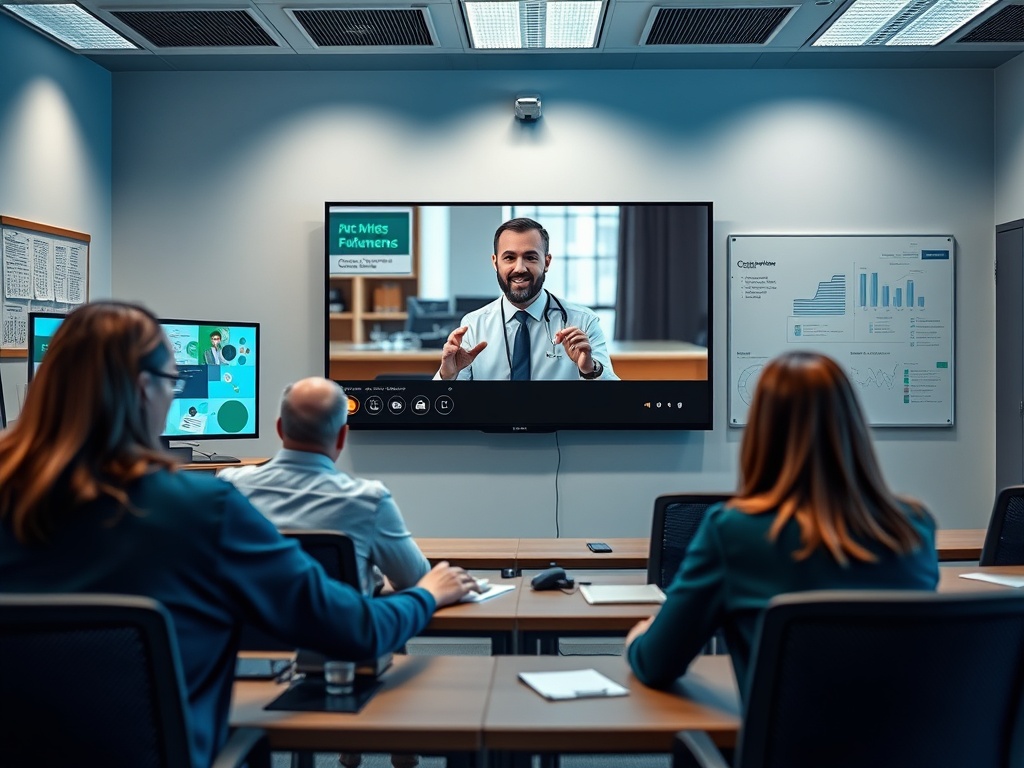 Собрание в офисе: люди обсуждают с врачом по видео, на экране врач в белом халате.
