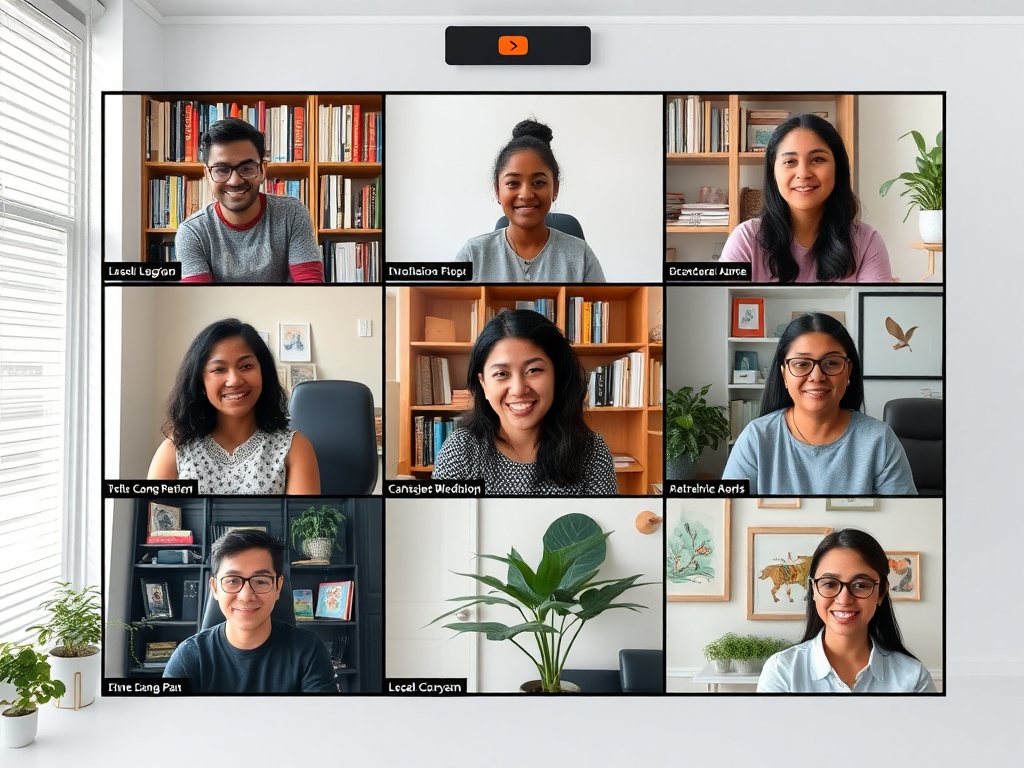 Девять людей на видеозвонке в разных интерьерах, улыбаются и общаются друг с другом.