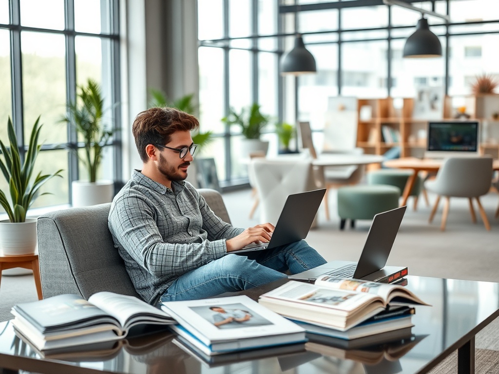 Молодой человек работает за ноутбуками в стильном офисе с большими окнами и растениями вокруг.