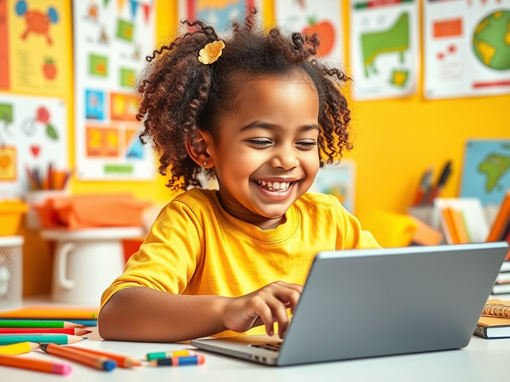 Ребёнок с вьющимися волосами улыбается, глядя на ноутбук среди канцелярских принадлежностей.