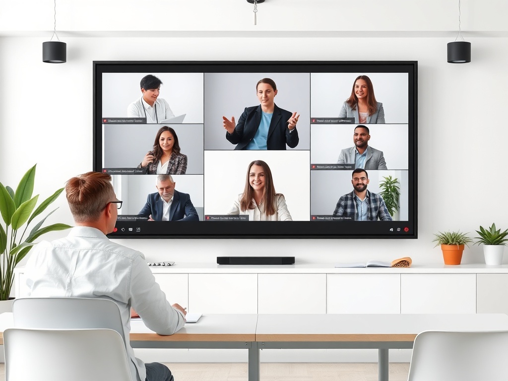 Человек сидит за столом, участвуя в видеоконференции с несколькими участниками на экране.