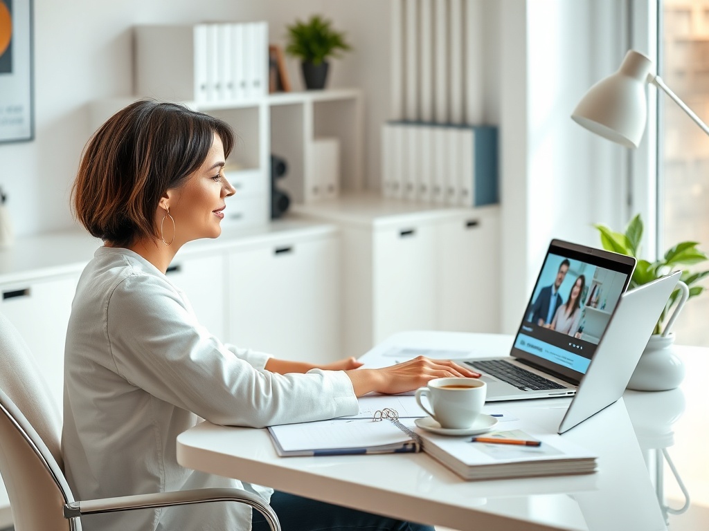 Женщина работает за столом с ноутбуком, общаясь по видеосвязи. На столе чашка кофе и блокнот.