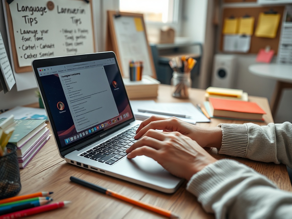 На столе с компьютером: заметки, офисные принадлежности и советы по изучению языков.