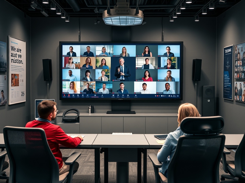В конференц-зале участники общаются через видеоэкраны, ведя обсуждение.