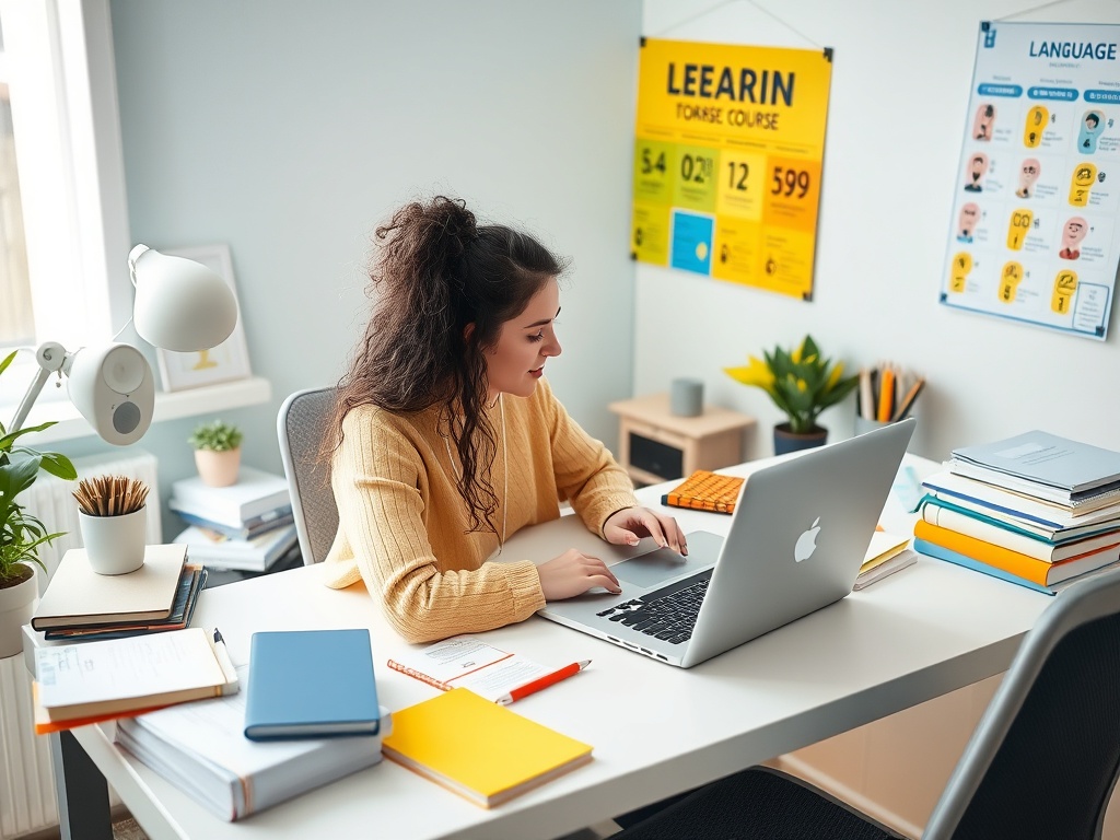 Студентка учится за столом, используя ноутбук, окружена учебными материалами и уютной атмосферой.