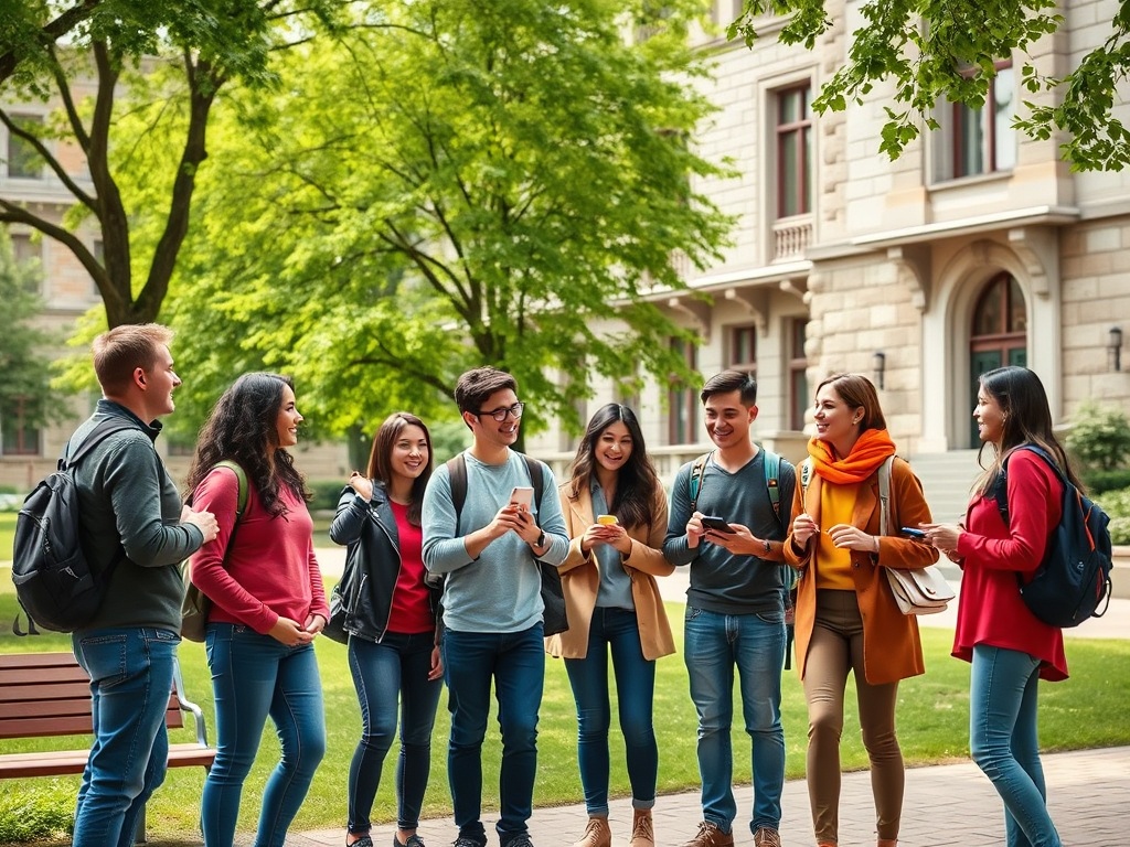Группа молодых людей общается и наслаждается временем на солнечном кампусе среди зелёных деревьев.