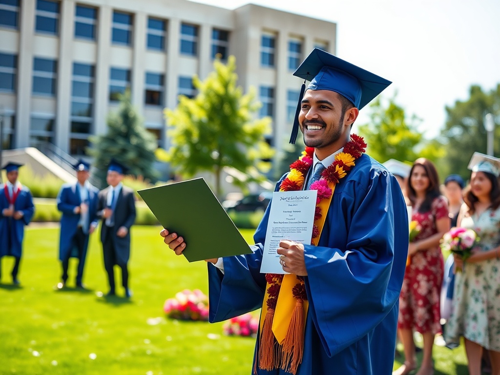 Счастливый выпускник в академической мантии на фоне кампуса, держит диплом и улыбается.
