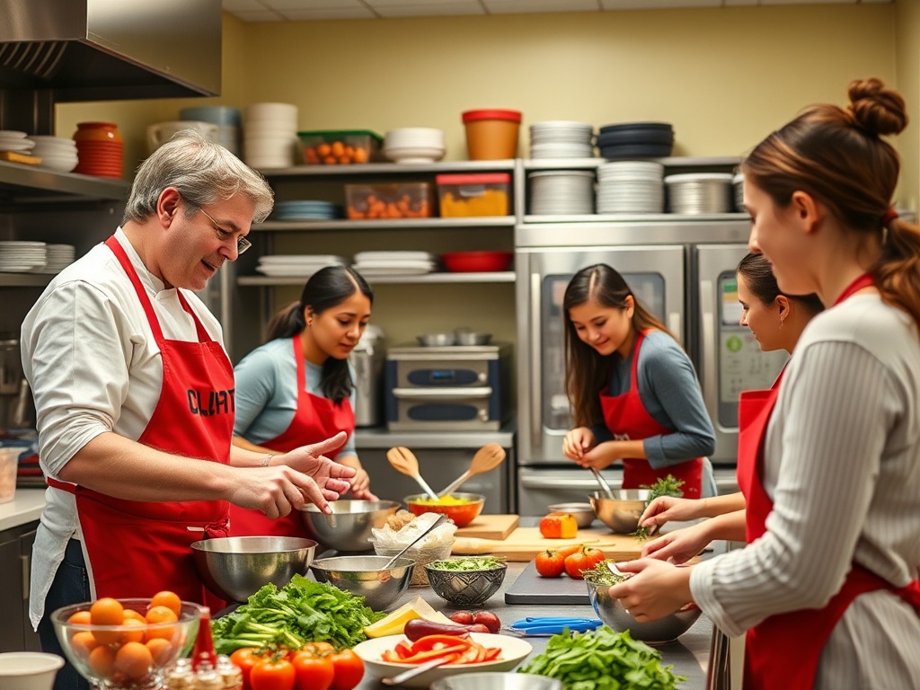 Группа людей в кухне готовит блюда, работая с овощами и ингредиентами под руководством шеф-повара.