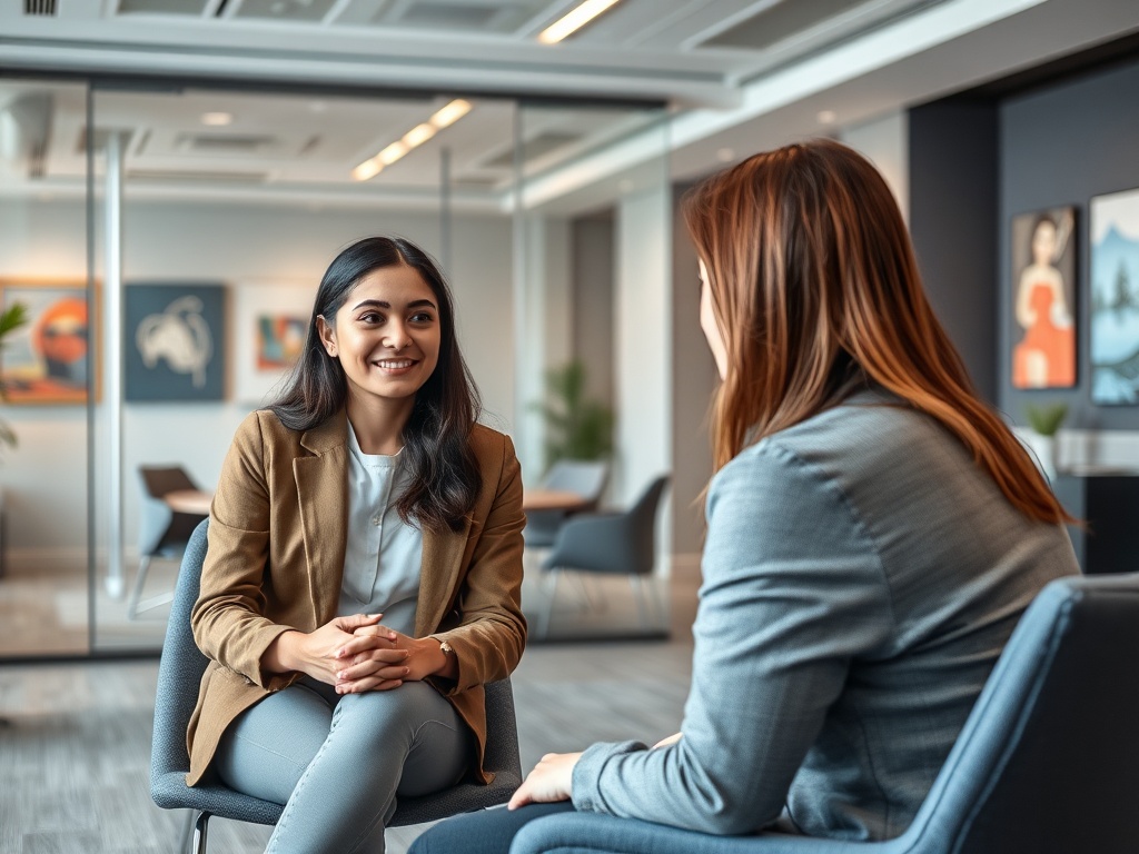 Две женщины сидят в современном офисе, обсуждая что-то, улыбаются и слушают друг друга.
