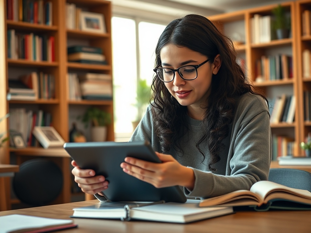 Девушка с длинными волосами в очках смотрит на планшет, сидя за столом с книгами в библиотеке.