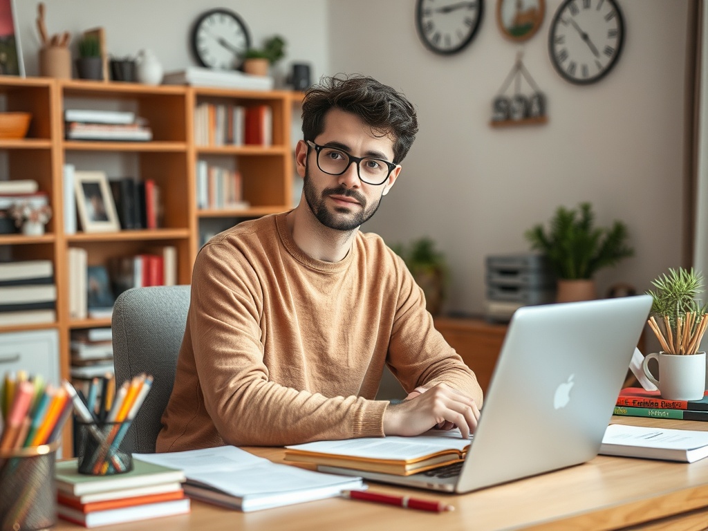 Молодой человек в светлом свитере сидит за столом с ноутбуком, окружённый книгами и растениями.