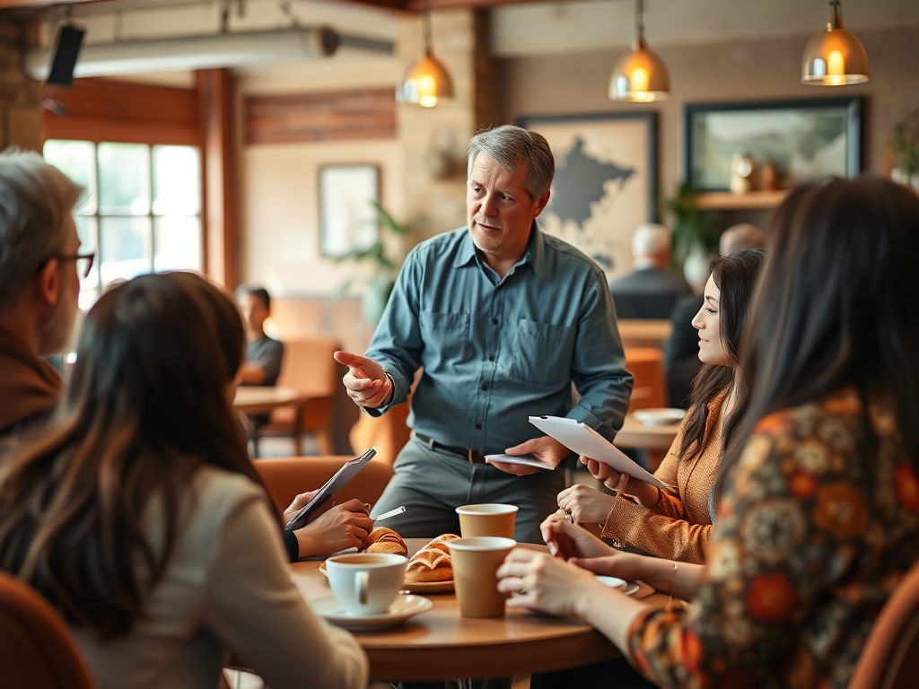 Группа людей обсуждает что-то в кафе, за чашками кофе и выпечкой, внимательно слушая мужчину.