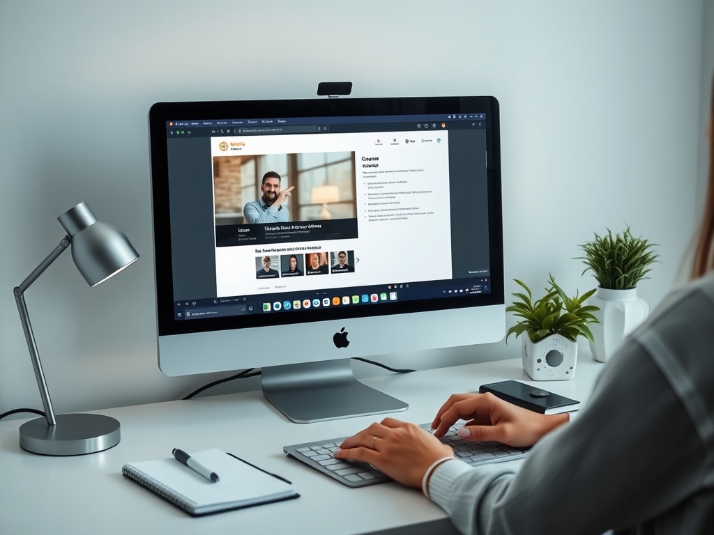 На изображении человек работает за компьютером, просматривая профиль в интернете, на столе заметки и лампа.