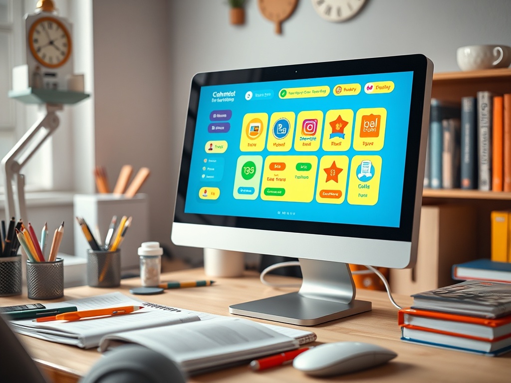 Монитор с ярким интерфейсом приложений на деревянном столе, окружённый канцелярскими принадлежностями.
