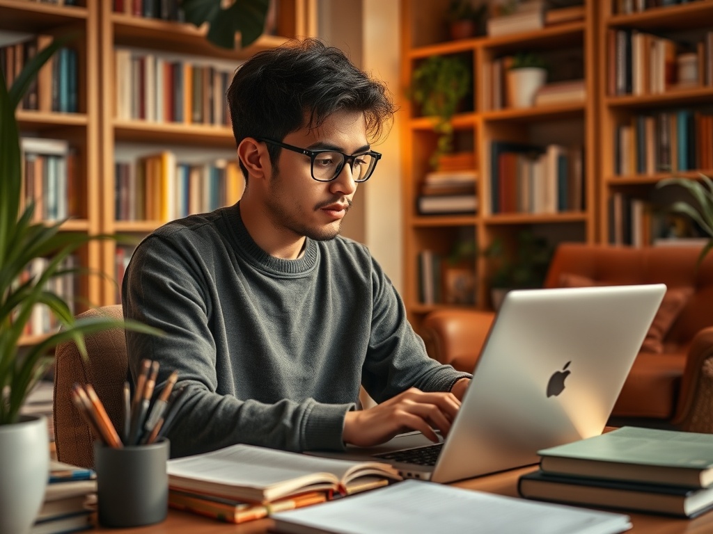 Молодой человек за ноутбуком в библиотеке, окружённый книгами и уютной атмосферой.