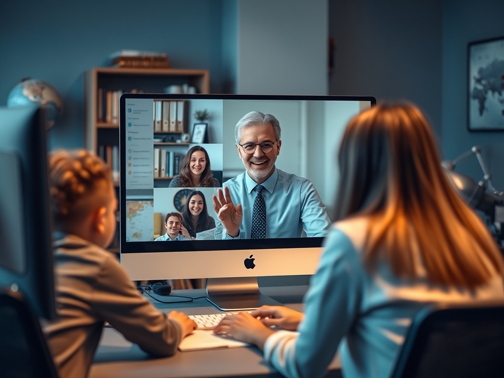 На экране компьютера видеозвонок: взрослый человек и двое молодых, улыбающихся. Ребёнок смотрит и слушает.