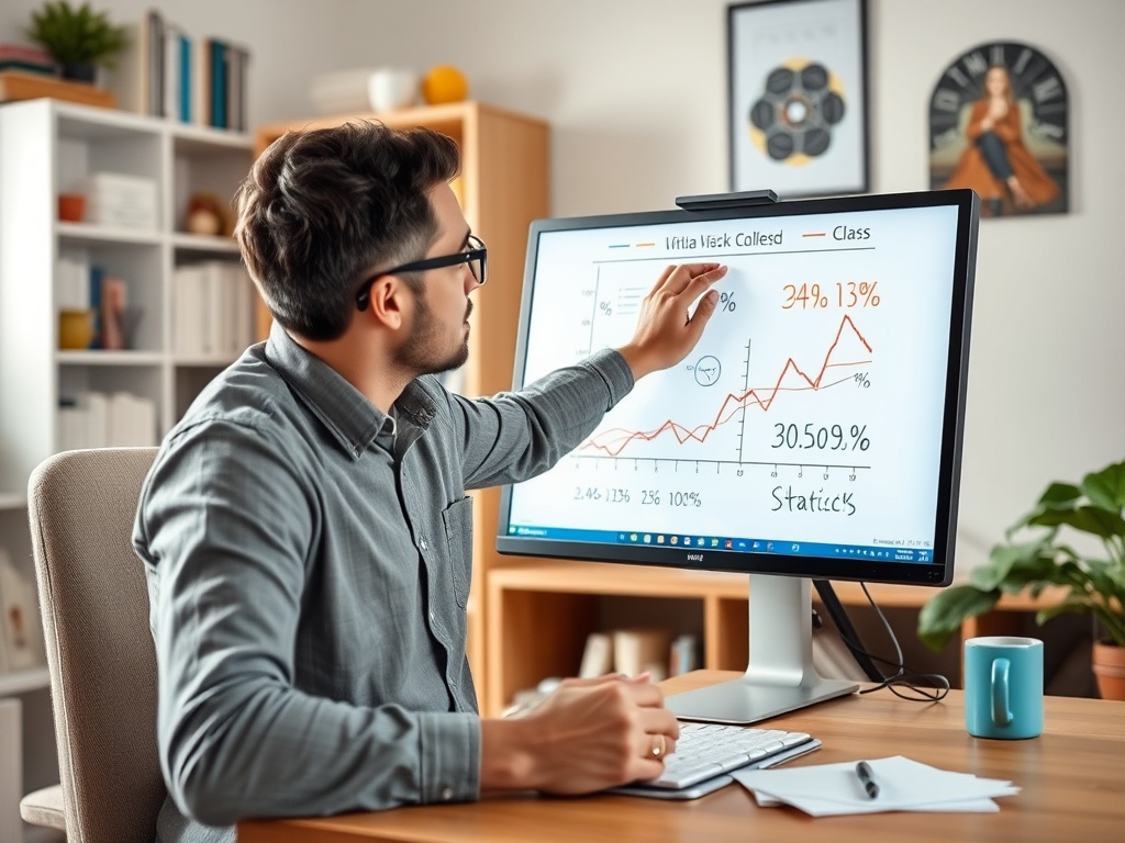 Человек объясняет график на мониторе, показывая данные с процентами и аналитической информацией.