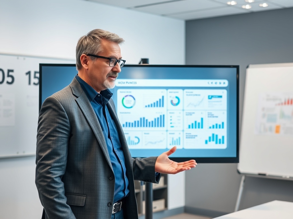 Мужчина в костюме представляет данные на экране в офисе, освещенном современным LED светом.