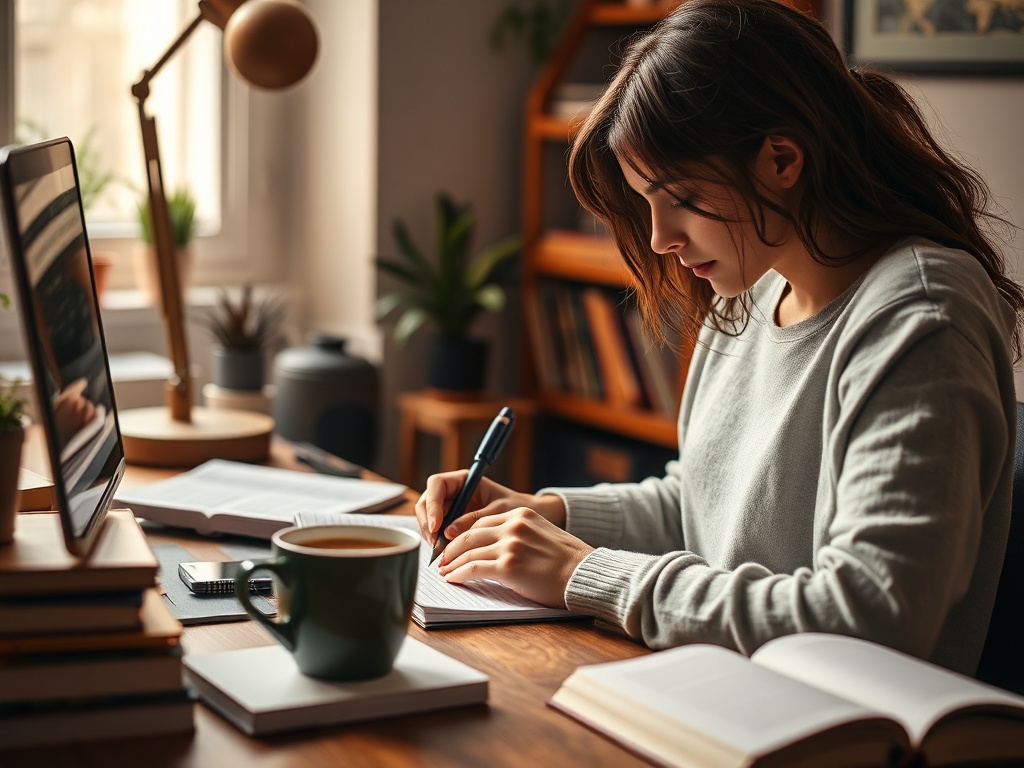 Девушка пишет записи за столом, рядом книги, ноутбук и чашка кофе в уютной обстановке.