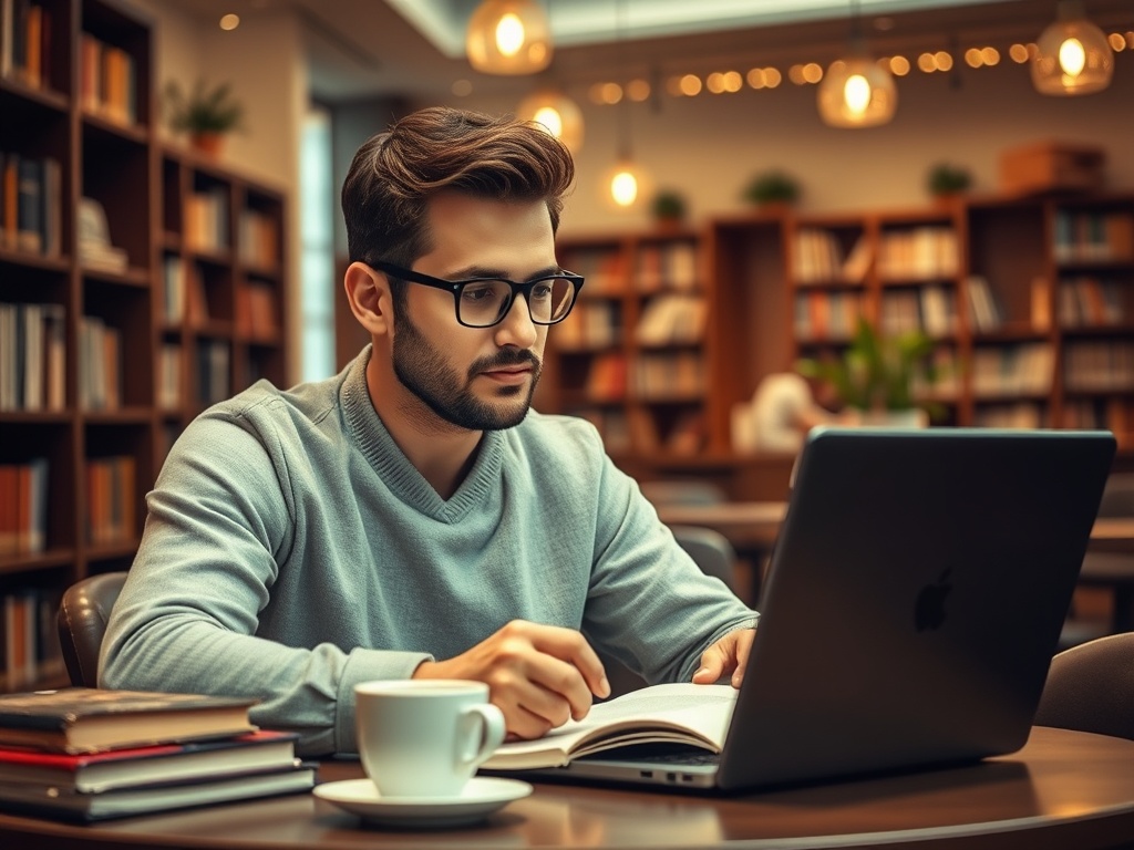 Молодой человек в свитере читает книгу и работает на ноутбуке в современной библиотеке.