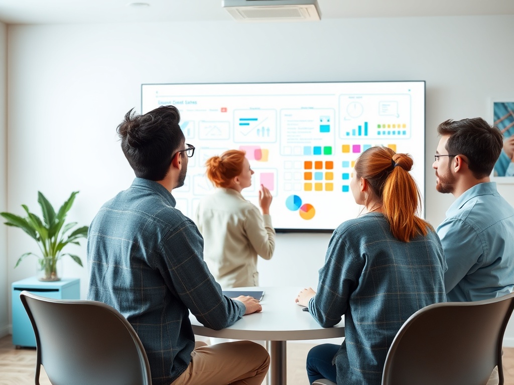 Группа людей за столом, слушающих презентацию с графиками на телевизоре. Женщина объясняет материал.