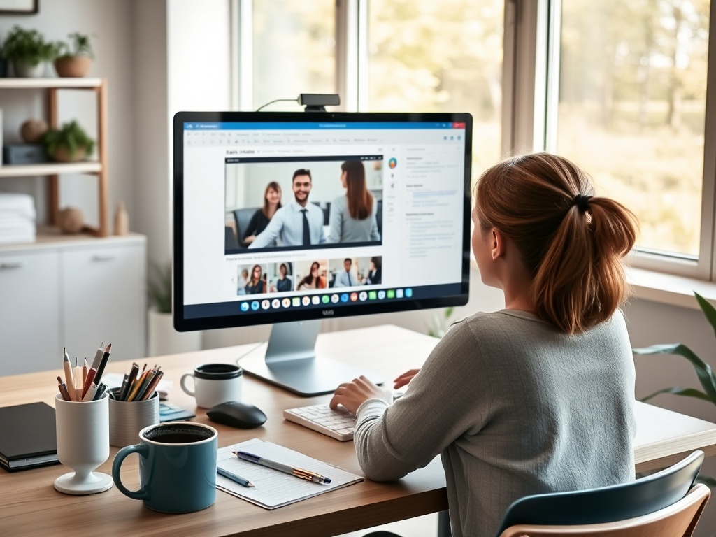 Женщина сидит за столом и работает за компьютером, участвуя в видеозвонке. На столе - чашка и канцелярия.