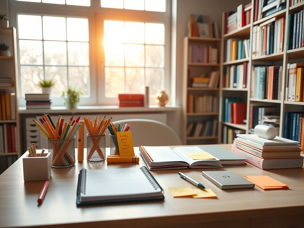 Уютный кабинет с письменным столом, канцелярией и книгами, освещенный мягким светом заката.